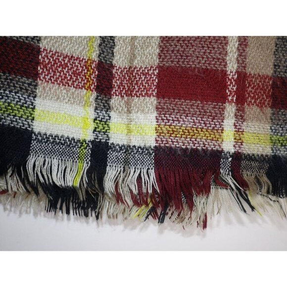 Plaid Shawl Large Scarf Wrap 50"x52" Cranberry Tan Black Yellow Fringed JH801 - Picture 2 of 2